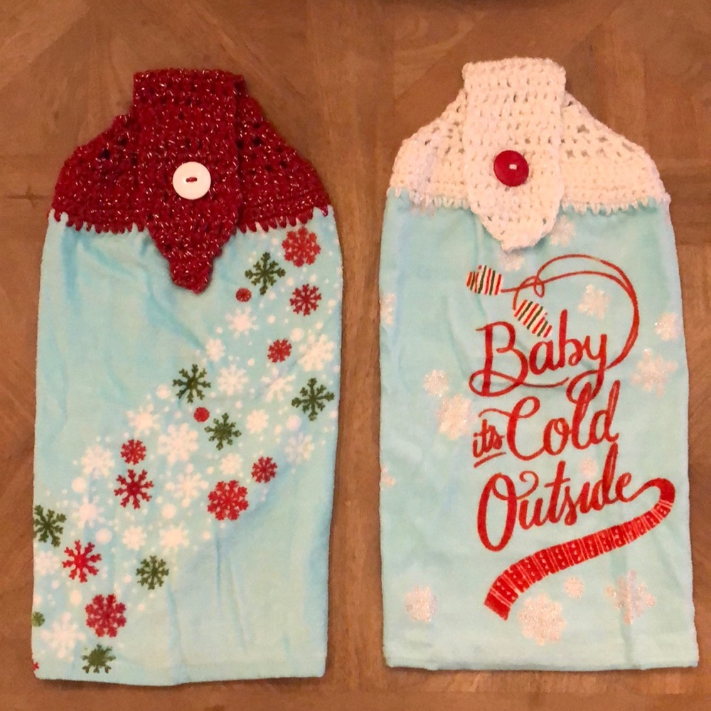 Set of Turquoise Christmas Crocheted Towels